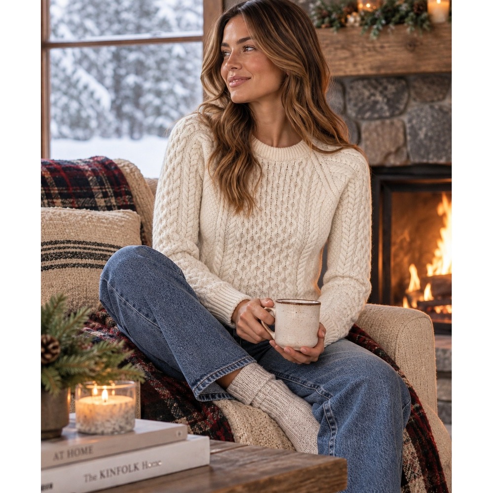 Original Aran Co Merino Wool Cable Knit Fisherman Sweater Cream L